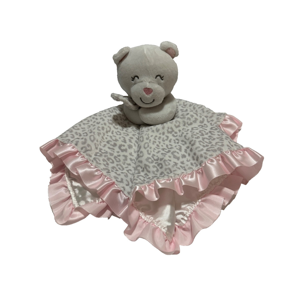 Carters Bear Cheetah Snow Leopard Pink Gray Satin Ruffle Trim Baby Lovey Blankie